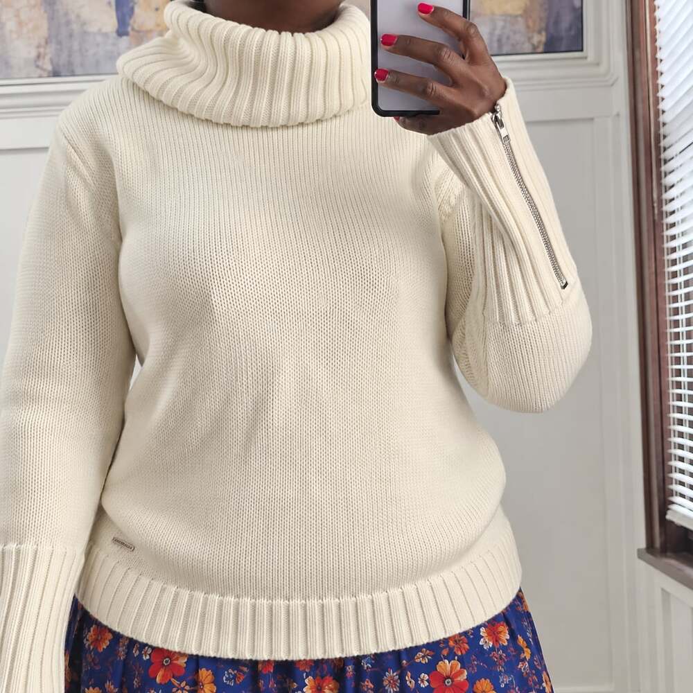 Nautica Women XL Ivory Cowl Neck Sweater Zip Cuffs Cotton Blend Coastal